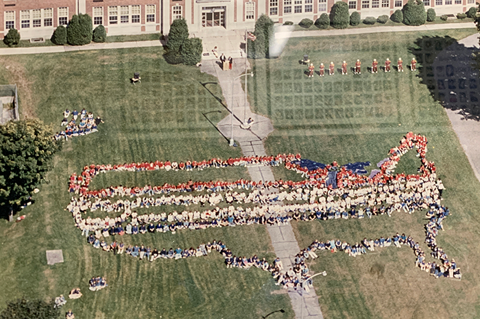 Mayfield folks create a giant U.S. Flag on the lawn at the High School to celebrate the bicentennial of the U.S. Constitution.